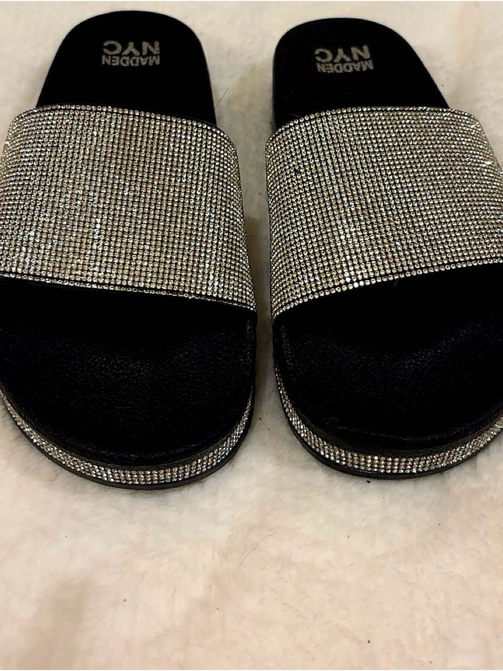 Madden NYC Crystal Slide Sandals - Black & Silver
